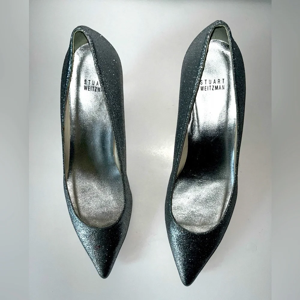 Stuart Weitzman Silver Glitter Pointed-Toe Pumps